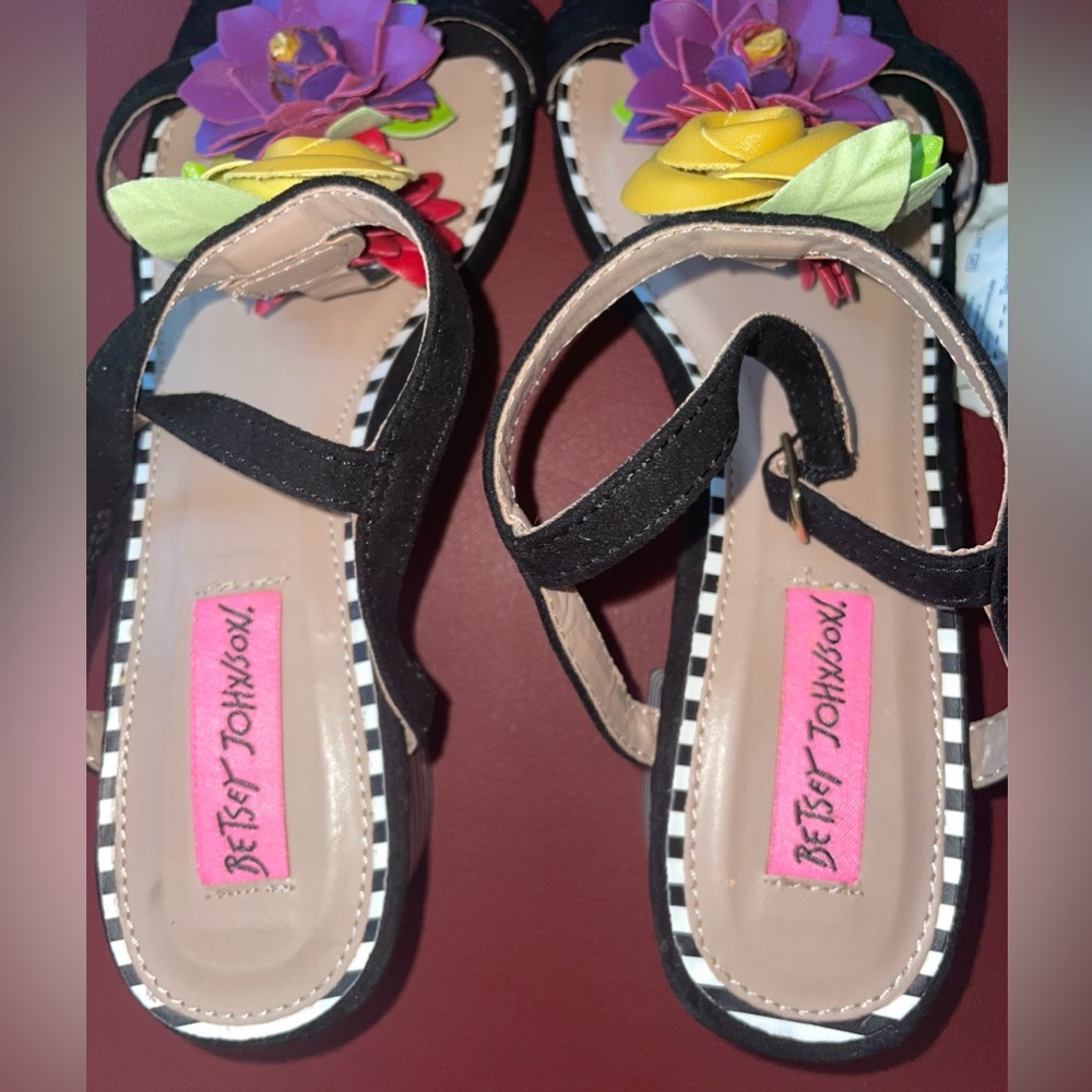 Betsey Johnson Black Sandals with Colorful Floral Accents - Picture 2 of 12